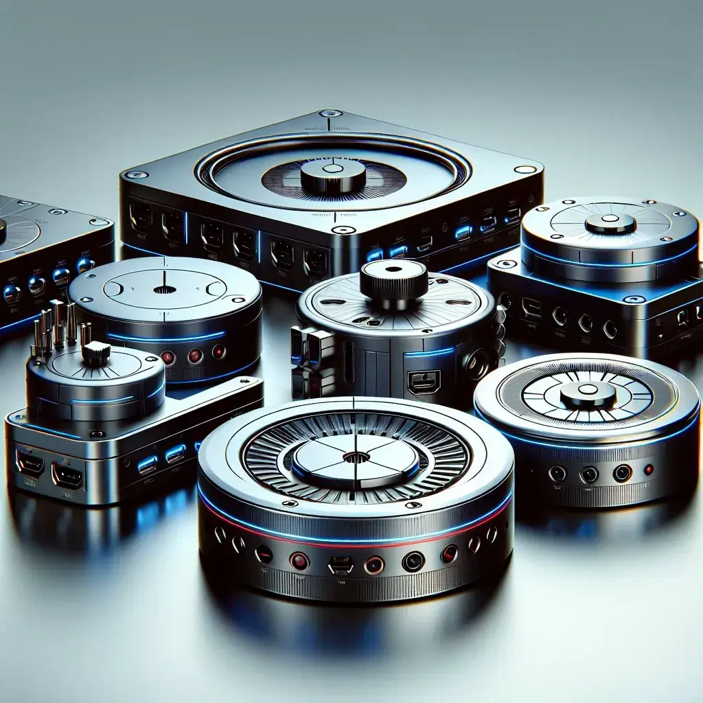 "Imagem de hubs de conectividade inteligentes da Asus, projetados para criadores, exibindo várias portas USB, HDMI e Ethernet, em ambiente de trabalho moderno."