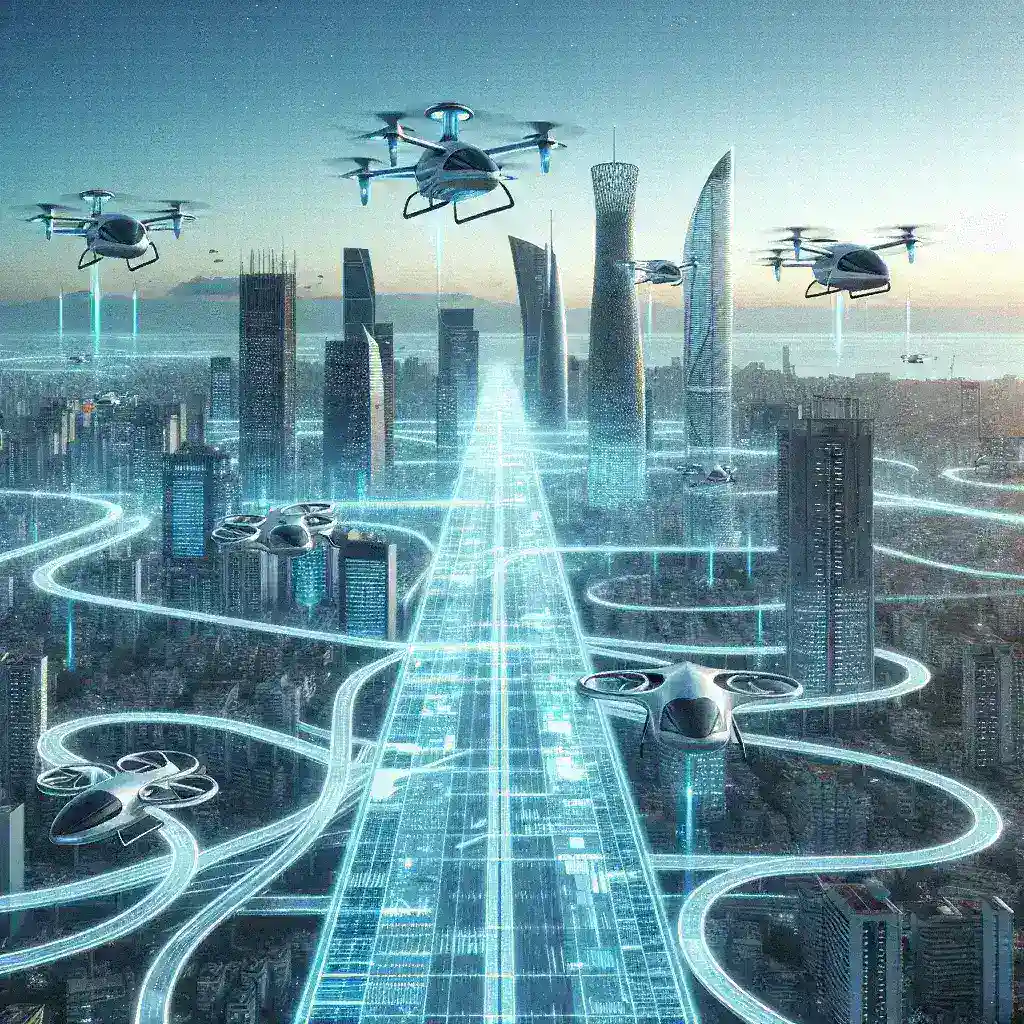 "Imagem de um carro voador tecnológico sobrevoando uma cidade asiática, ilustrando as primeiras rotas experimentais para veículos aéreos urbanos."